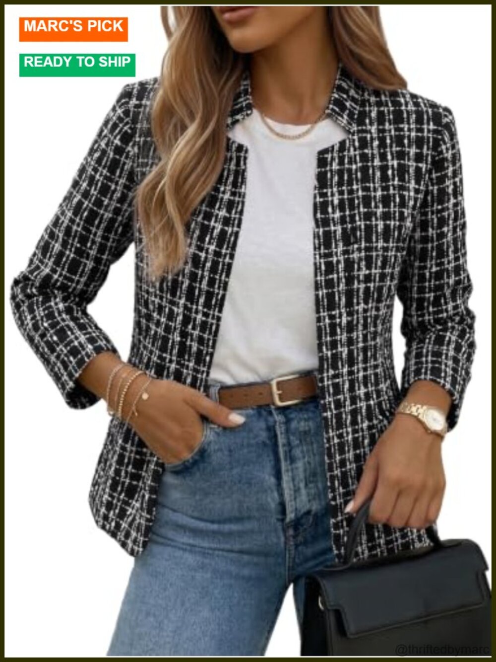 Women's Open Front Tweed Blazer Plaid Fitted Jacket Suiting